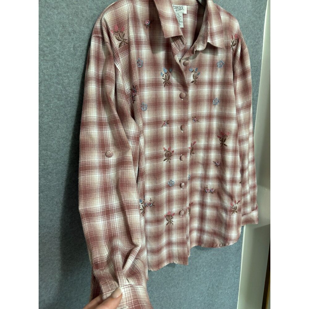Vintage Teddi Plaid Floral Embroidered Button Up Shirt Cottagecore XL Top Garden